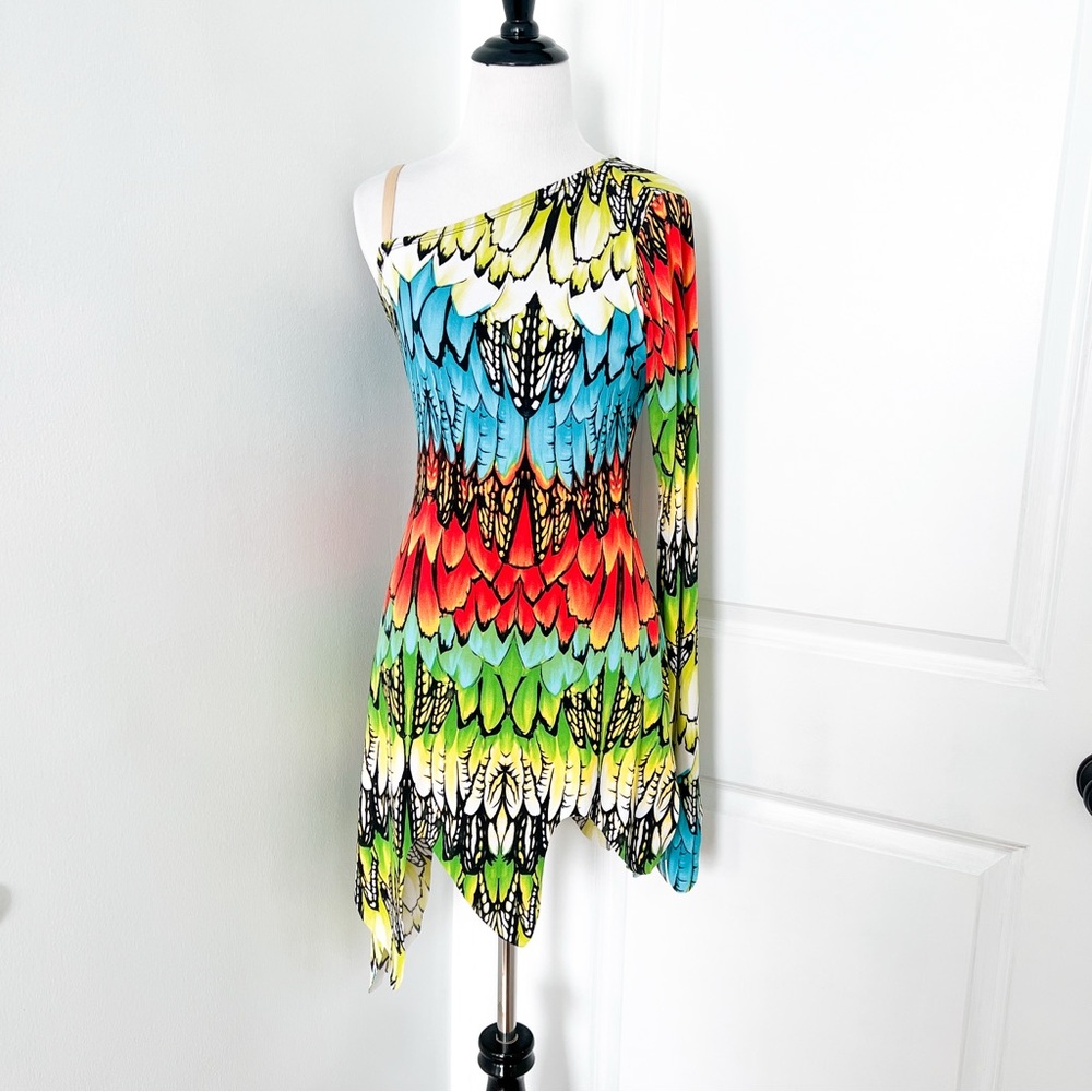 Georgie Girl Vibrant Multicolor Bird Feather Mini Dress - Medium